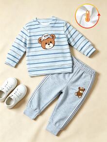 男嬰休閒舒適百搭極簡時尚圓領衛衣與運動長褲套裝，秋冬款，適合日常穿著、戶外活動、聚會、節日、禮物 - 彩色 - 查看 2