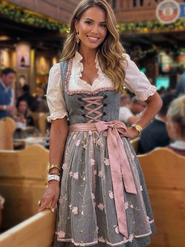 Fairmaia فستان مهرجان البيرة الأنيق بتصميم جديد من الدانتيل والقطع المتباينة الألوان مع ياقة مكشكشة وخصر مشدود وتأثير تنحيف