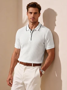 Core Aspect Men's Solid Color Knitted Jacquard Texture Detail Mature Casual Business Slim-Fit Short-Sleeve Polo Shirt - Brown - View 1