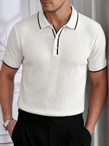Core Aspect Men's Solid Color Knitted Jacquard Texture Detail Mature Casual Business Slim-Fit Short-Sleeve Polo Shirt - Brown - View 4