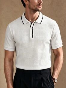 Core Aspect Men's Solid Color Knitted Jacquard Texture Detail Mature Casual Business Slim-Fit Short-Sleeve Polo Shirt - Brown - View 5