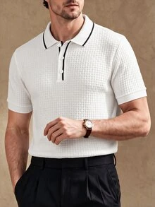 Core Aspect Men's Solid Color Knitted Jacquard Texture Detail Mature Casual Business Slim-Fit Short-Sleeve Polo Shirt - Brown - View 7