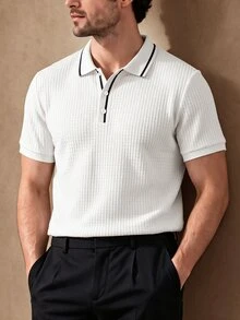 Core Aspect Men's Solid Color Knitted Jacquard Texture Detail Mature Casual Business Slim-Fit Short-Sleeve Polo Shirt - Brown - View 6