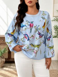 Linhara CURVE Plus Size Blouses Fall Vacation High Tea Light Blue Boho Casual - Multicolor - View 6