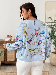 Linhara CURVE Plus Size Blouses Fall Vacation High Tea Light Blue Boho Casual - Multicolor - View 2