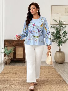 Linhara CURVE Plus Size Blouses Fall Vacation High Tea Light Blue Boho Casual - Multicolor - View 5