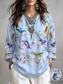 Linhara CURVE Plus Size Blouses Fall Vacation High Tea Light Blue Boho Casual - Multicolor - View 1