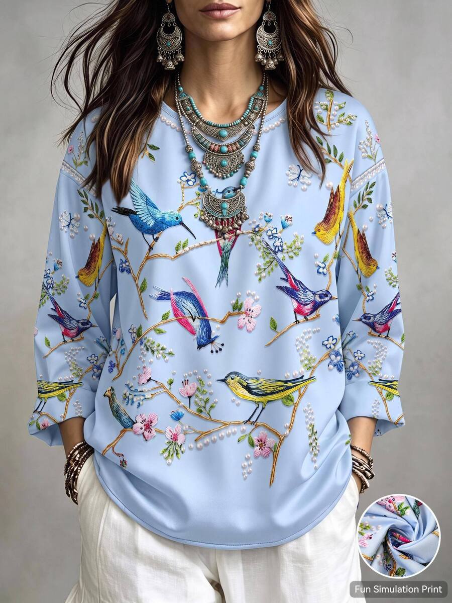 Linhara CURVE Plus Size Blouses Fall Vacation High Tea Light Blue Boho Casual - Multicolor - View 1