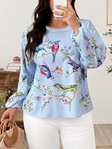 Linhara CURVE Plus Size Blouses Fall Vacation High Tea Light Blue Boho Casual - Multicolor - View 7