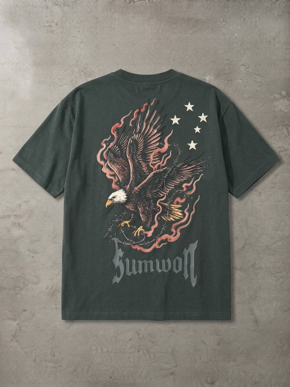 Oversized Eagle Graphic Back Print Crew Neck Short Sleeve T-Shirt Gothic Script Summer Festival Streetwear Tee