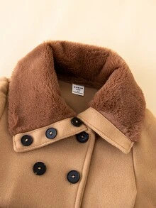 SHEIN Young Girl Borg Collar Double Breasted Belted Overcoat Autumn Fall - Khaki - View 3