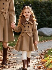 SHEIN Young Girl Borg Collar Double Breasted Belted Overcoat Autumn Fall - Khaki - View 1