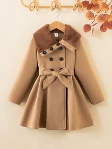 SHEIN Young Girl Borg Collar Double Breasted Belted Overcoat Autumn Fall - Khaki - View 4