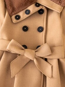 SHEIN Young Girl Borg Collar Double Breasted Belted Overcoat Autumn Fall - Khaki - View 9