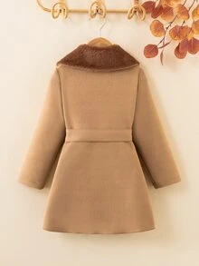 SHEIN Young Girl Borg Collar Double Breasted Belted Overcoat Autumn Fall - Khaki - View 2