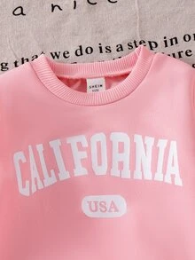 Genkimix Kids BABY Girs 2 Piece Autumn Pink Long Sleeve Crewneck Sweatshirt Top With Letter Print And Rib Knit Flare Pants Cute Toddler Infant Fall Clothing - Pink - View 6