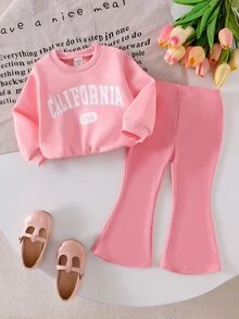Genkimix Kids BABY Girs 2 Piece Autumn Pink Long Sleeve Crewneck Sweatshirt Top With Letter Print And Rib Knit Flare Pants Cute Toddler Infant Fall Clothing - Pink - View 4
