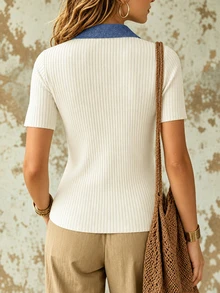 SHEIN New Spring Summer American Retro Contrast Denim Collar Knit Polo Women Half Button Short Sleeve Ribbed - Blue and White - View 2