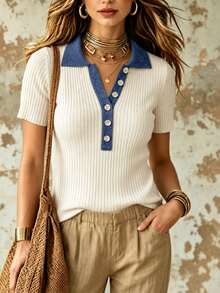 SHEIN New Spring Summer American Retro Contrast Denim Collar Knit Polo Women Half Button Short Sleeve Ribbed - Blue and White - View 4