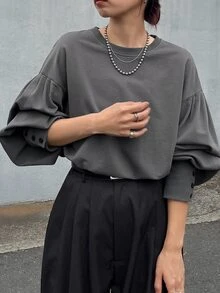 FRIFUL Sweatshirt Katun Murni Warna Polos Gaya Korea Baru untuk Wanita di Awal Musim Gugur dengan Dekorasi Kancing Manset - Grey - View 5