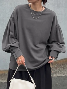 FRIFUL Sweatshirt Katun Murni Warna Polos Gaya Korea Baru untuk Wanita di Awal Musim Gugur dengan Dekorasi Kancing Manset - Grey - View 3