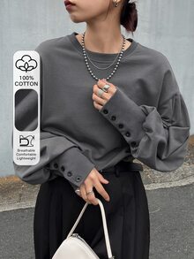 FRIFUL Sweatshirt Katun Murni Warna Polos Gaya Korea Baru untuk Wanita di Awal Musim Gugur dengan Dekorasi Kancing Manset - Grey - View 1
