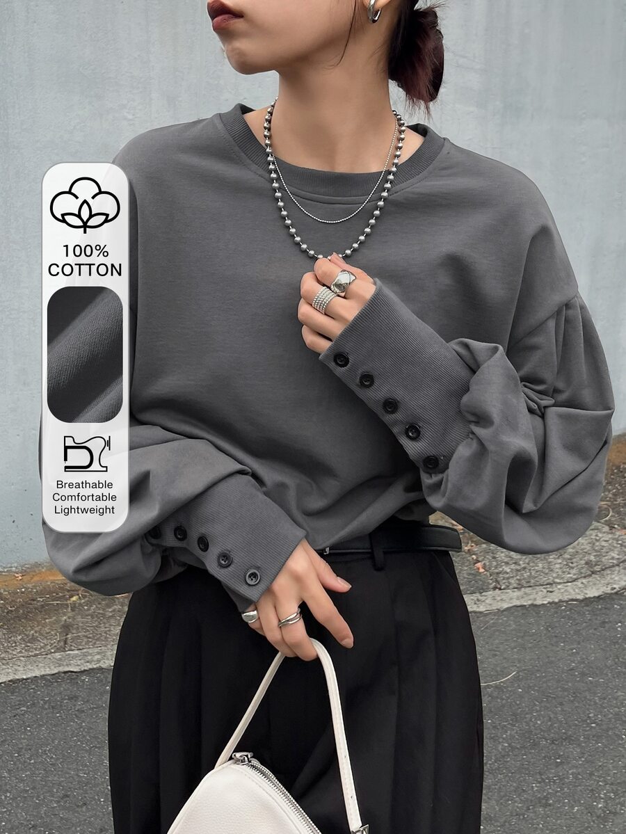 FRIFUL Sweatshirt Katun Murni Warna Polos Gaya Korea Baru untuk Wanita di Awal Musim Gugur dengan Dekorasi Kancing Manset - Grey - View 1
