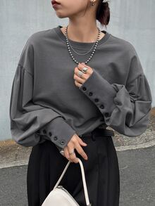 FRIFUL Sweatshirt Katun Murni Warna Polos Gaya Korea Baru untuk Wanita di Awal Musim Gugur dengan Dekorasi Kancing Manset - Grey - View 7