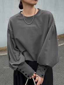 FRIFUL Sweatshirt Katun Murni Warna Polos Gaya Korea Baru untuk Wanita di Awal Musim Gugur dengan Dekorasi Kancing Manset - Grey - View 4