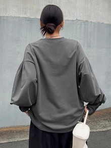FRIFUL Sweatshirt Katun Murni Warna Polos Gaya Korea Baru untuk Wanita di Awal Musim Gugur dengan Dekorasi Kancing Manset - Grey - View 2