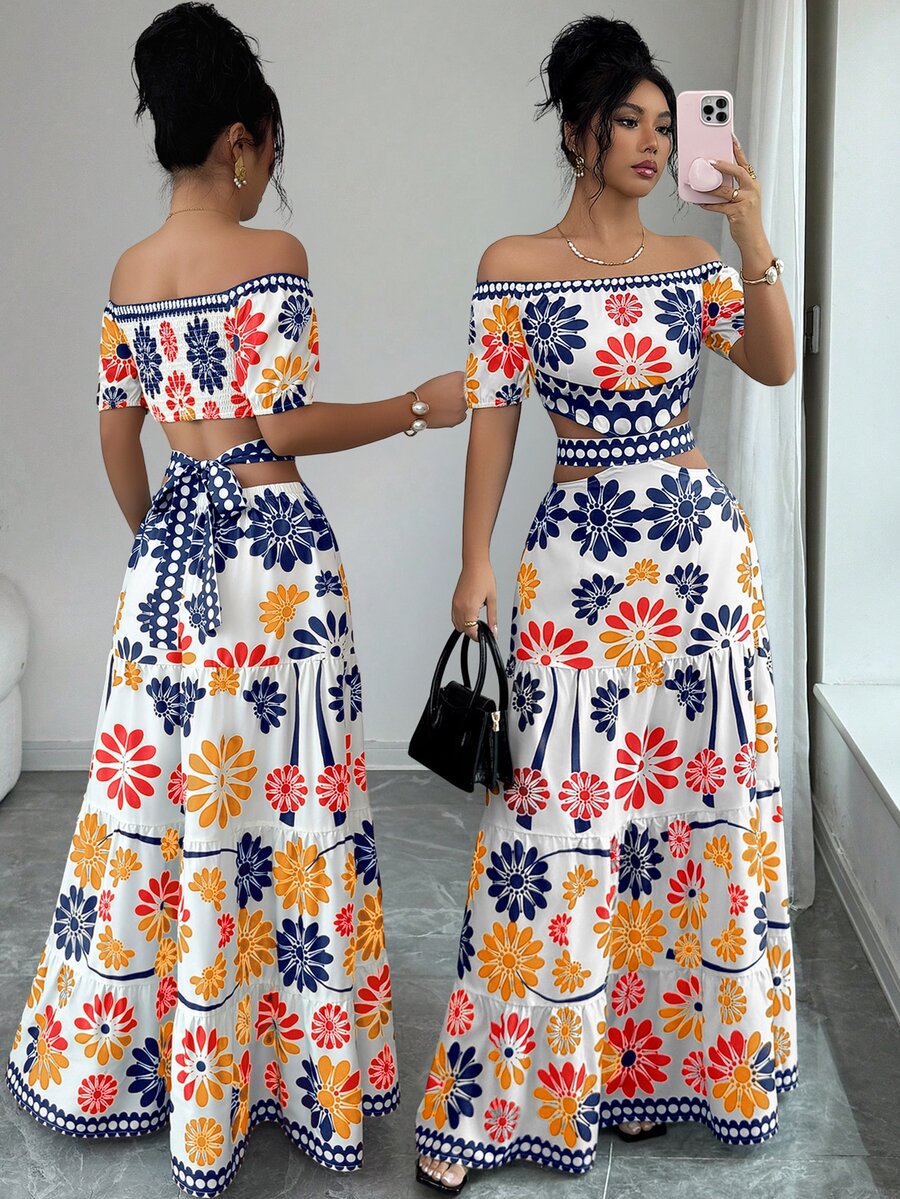 Elenzga Vestido con estampado total, hombros descubiertos, volantes y bajo calado - Blue Power - Ver 1