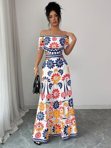 Elenzga Vestido con estampado total, hombros descubiertos, volantes y bajo calado - Blue Power - Ver 6
