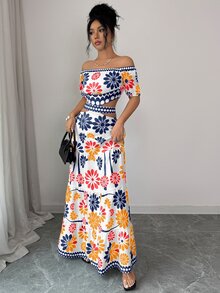 Elenzga Vestido con estampado total, hombros descubiertos, volantes y bajo calado - Blue Power - Ver 5