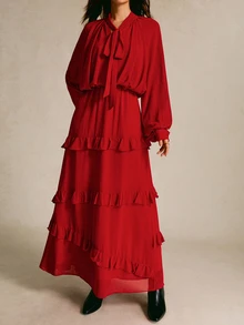 CielaLinda Gaun Maxi dengan Hiasan Ruffle dan Leher Bertali - Merah - View 6