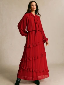 CielaLinda Gaun Maxi dengan Hiasan Ruffle dan Leher Bertali - Merah - View 7