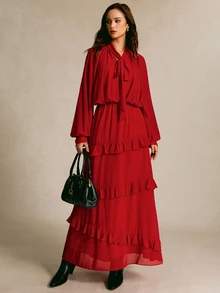 CielaLinda Gaun Maxi dengan Hiasan Ruffle dan Leher Bertali - Merah - View 1