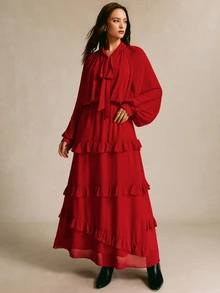 CielaLinda Gaun Maxi dengan Hiasan Ruffle dan Leher Bertali - Merah - View 4