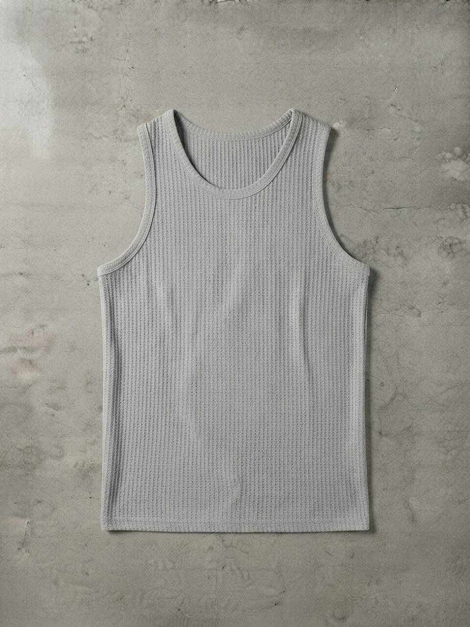 Canotta senza maniche in maglia waffle, girocollo, vestibilità muscolare, stile casual estivo, in jersey a costine strutturato