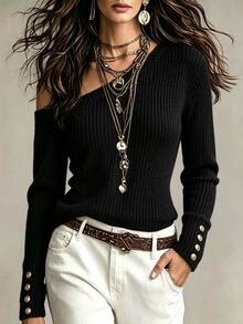 SHEIN Fall Y2K Chic Asymmetric Off Shoulder Knit Top, Long Sleeve With Decorative Buttons Slim Fitted Knit - Black - View 3