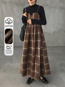 FRIFUL Women's Korean Style Autumn Plaid Layered Camisole Dress - Brown - View 1