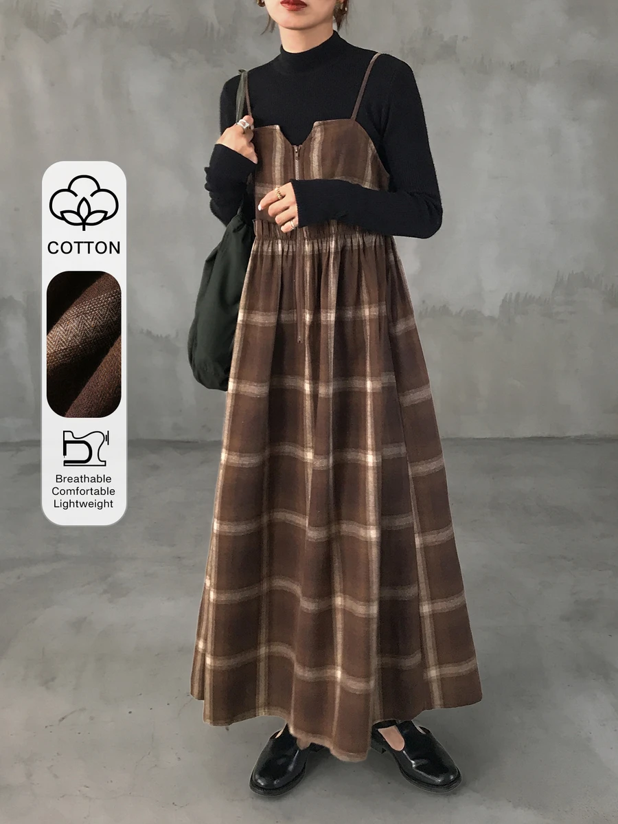 FRIFUL Women's Korean Style Autumn Plaid Layered Camisole Dress - Brown - View 1