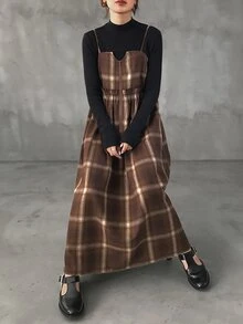FRIFUL Women's Korean Style Autumn Plaid Layered Camisole Dress - Brown - View 5