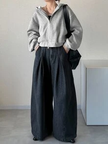 FRIFUL Women's Korean Style Autumn Solid Color Hooded Double Zipper Fleece Sweatshirt - Grey - View 3