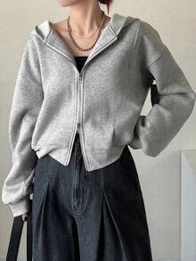 FRIFUL Women's Korean Style Autumn Solid Color Hooded Double Zipper Fleece Sweatshirt - Grey - View 8