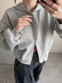 FRIFUL Women's Korean Style Autumn Solid Color Hooded Double Zipper Fleece Sweatshirt - Grey - View 6