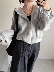 FRIFUL Women's Korean Style Autumn Solid Color Hooded Double Zipper Fleece Sweatshirt - Grey - View 4