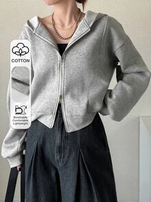 FRIFUL Women's Korean Style Autumn Solid Color Hooded Double Zipper Fleece Sweatshirt - Grey - View 1