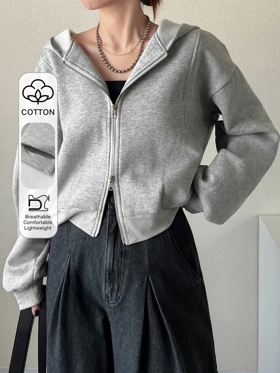 FRIFUL Women's Korean Style Autumn Solid Color Hooded Double Zipper Fleece Sweatshirt - Grey - View 1