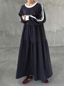 FRIFUL Vestido Smock con Manga Raglán y Cinta de Contraste Otoño - Azul Marino - Ver 3