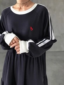 FRIFUL Vestido Smock con Manga Raglán y Cinta de Contraste Otoño - Azul Marino - Ver 7